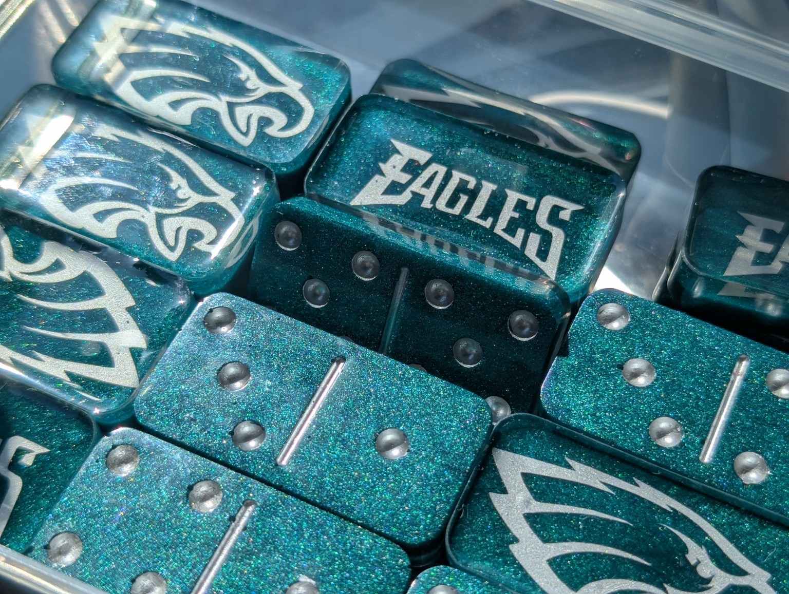 Custom teal glitter domino set