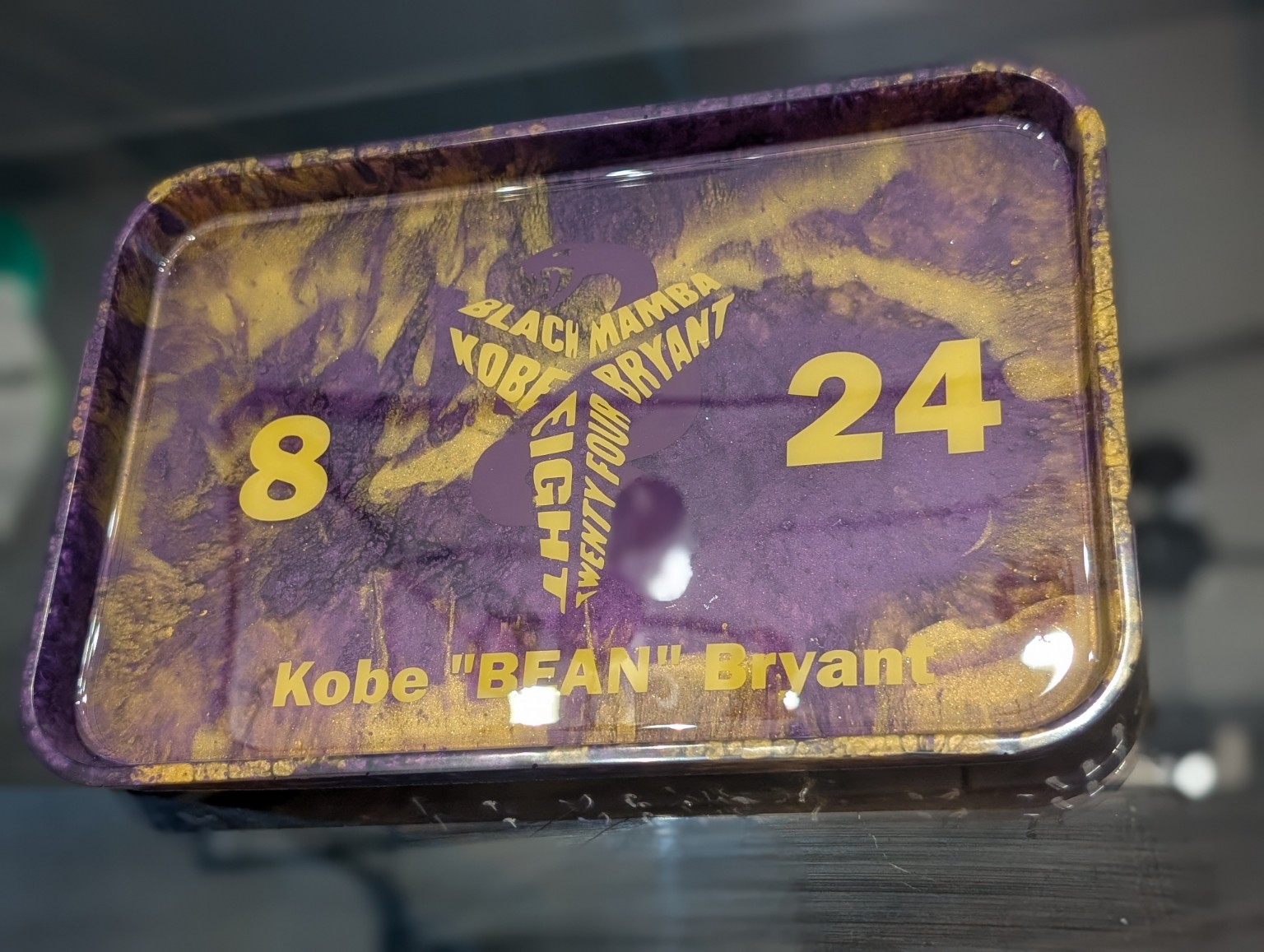 Purple and gold basketball tribute tray